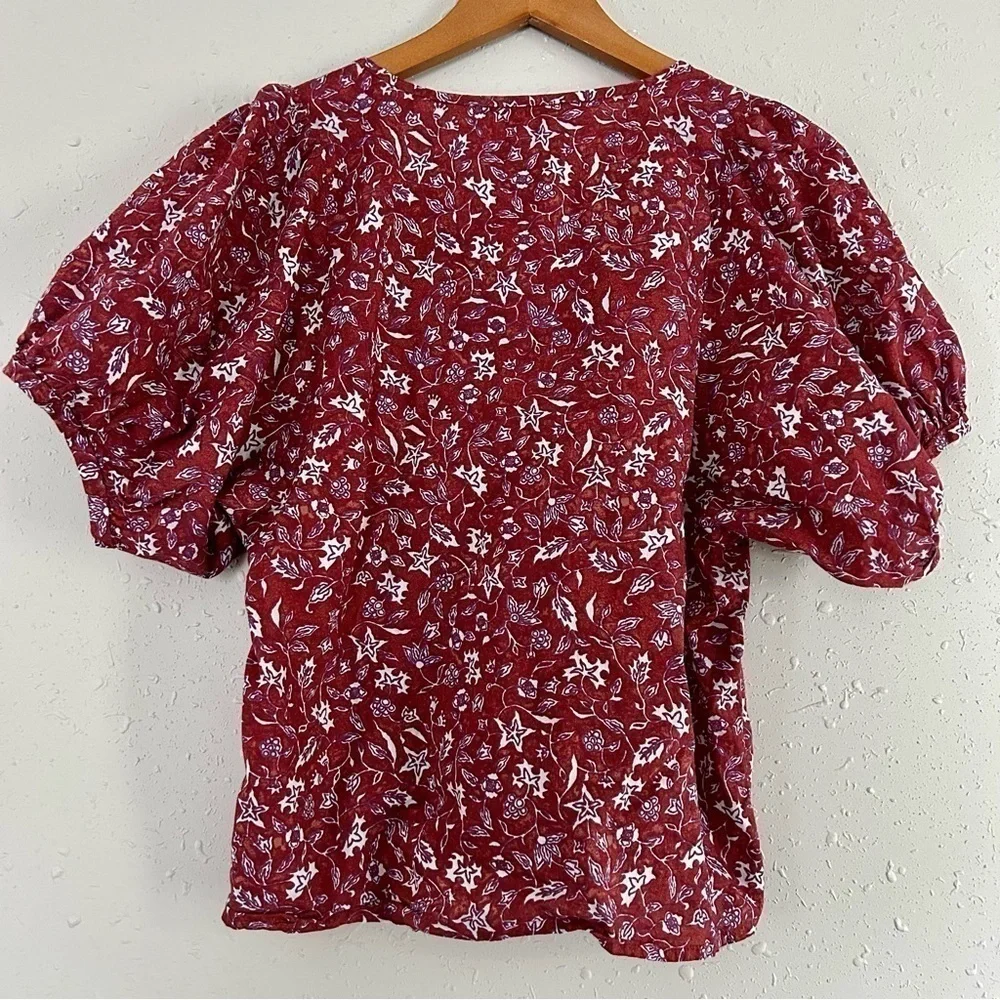 Madewell V-Neck Puff Sleeve Top in Batik Vine Weathered Brick Blouse Small